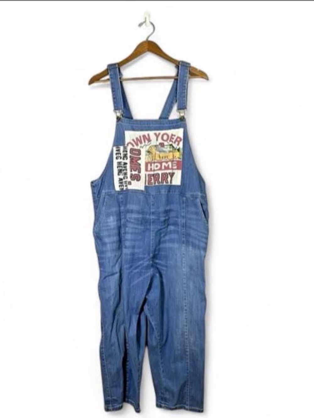 Relaxed Blue Denim Overalls with Front Graphic Patch